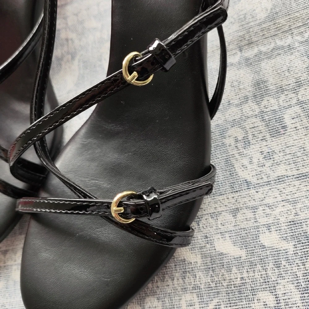 Miu Miu Black Leather Strappy Heeled Sandals with Gold Accents - Picture 2 of 5